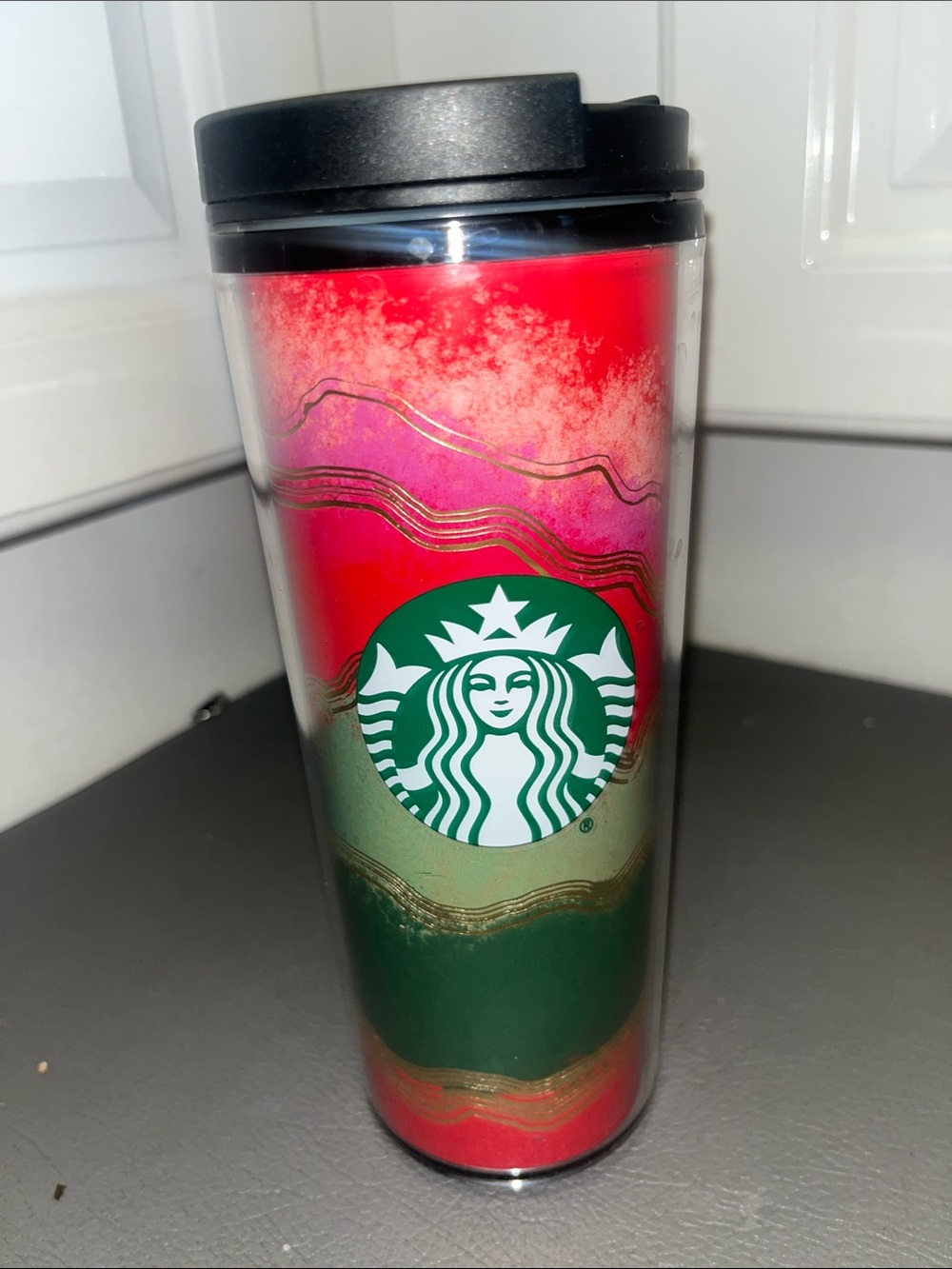 Starbucks Red-Pink Ombre Tumbler with Green Logo and Black Lid